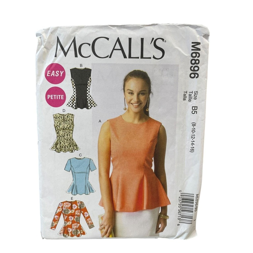 McCall's Sewing Pattern M6896 Misses Petite Size 8-16 Peplum Tops Uncut FF